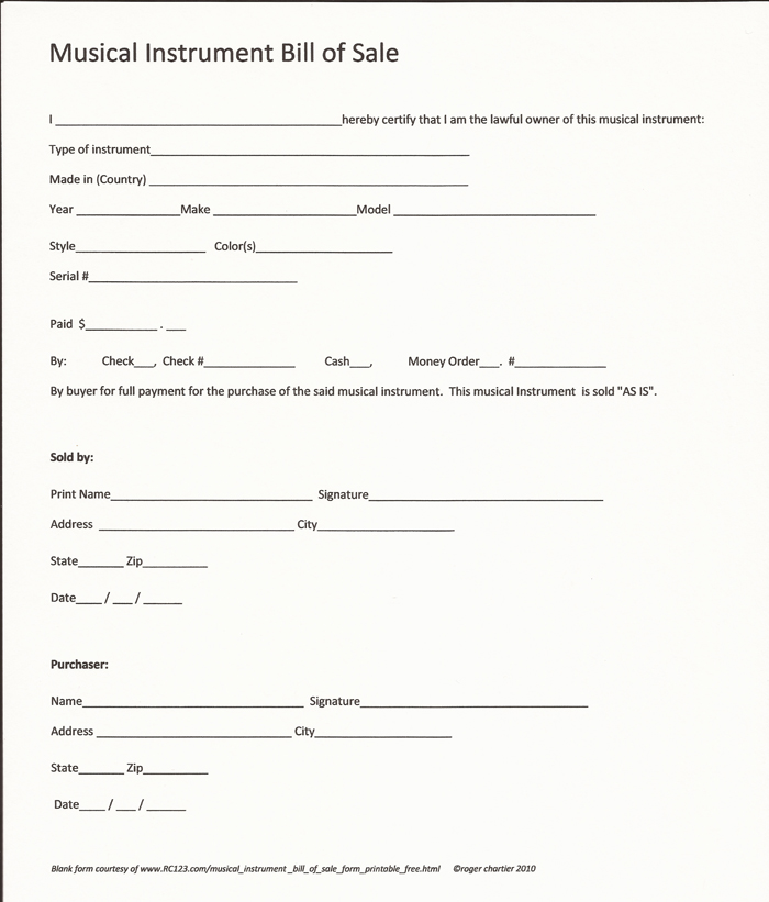www.RC123.com - image of musical instrument bill of sale 
